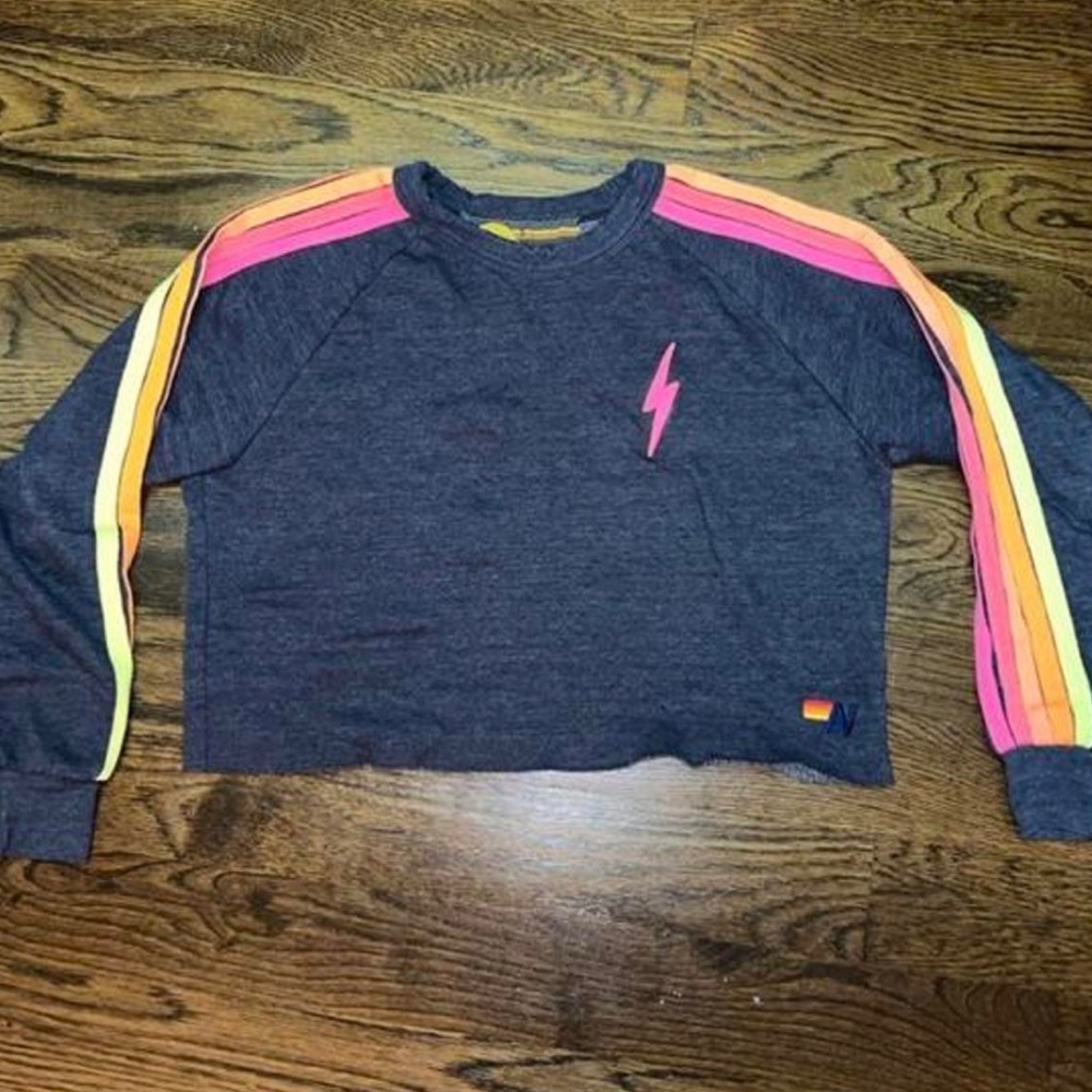 Aviator Nation Bolt Embroidery Classic Cropped Crew Sweatshirt - heather navy